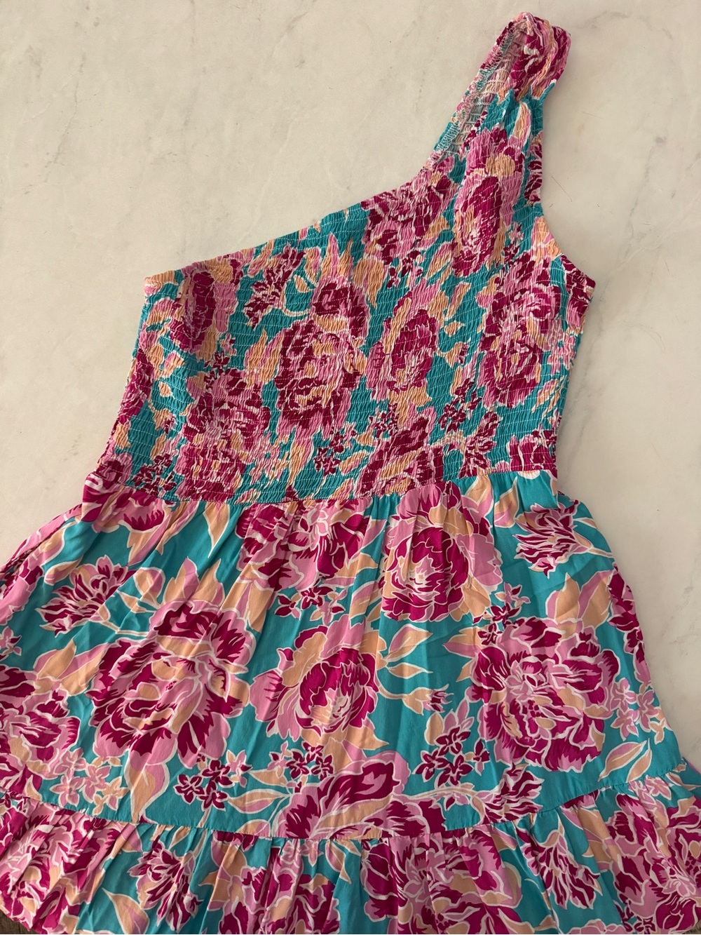 Floral One-Shoulder Midi Dress in Blue & Pink - M